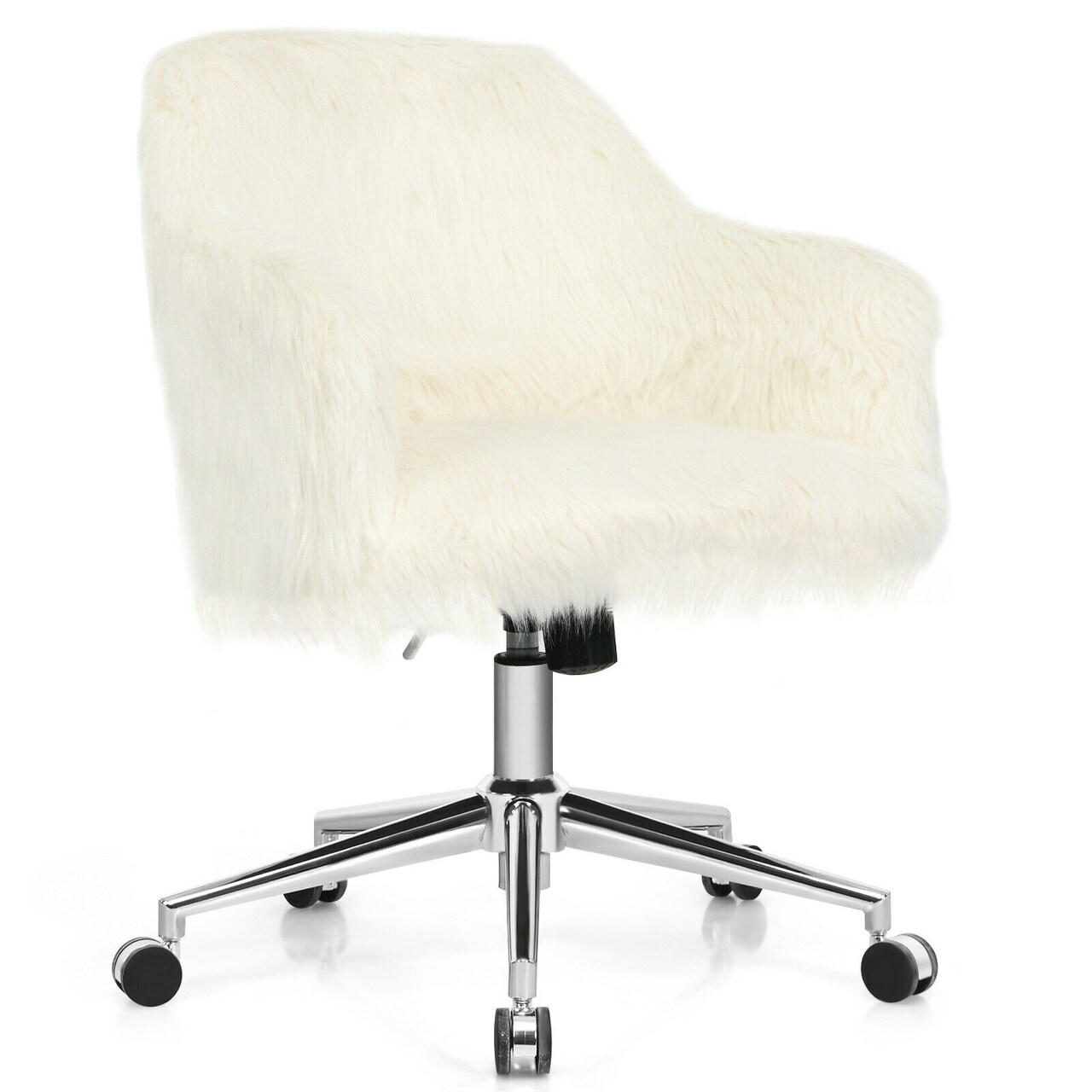 Beige Faux Fur Vanity Chair Adjustable Height Swivel Rolling Metal Base